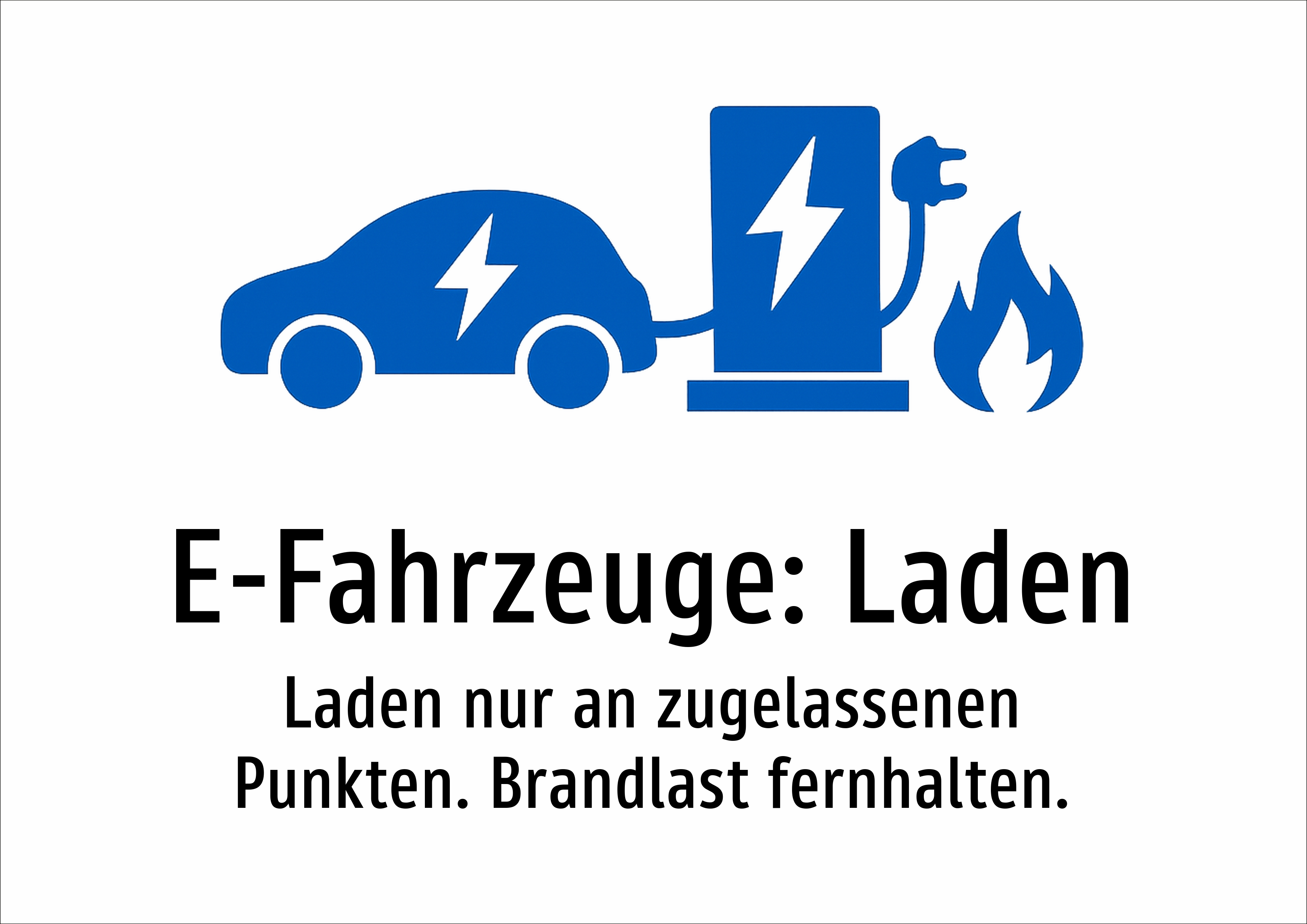 E-Fahrzeuge: Laden - Laden nur an zugelassenen Punkten. Brandlast fernhalten. - Schild