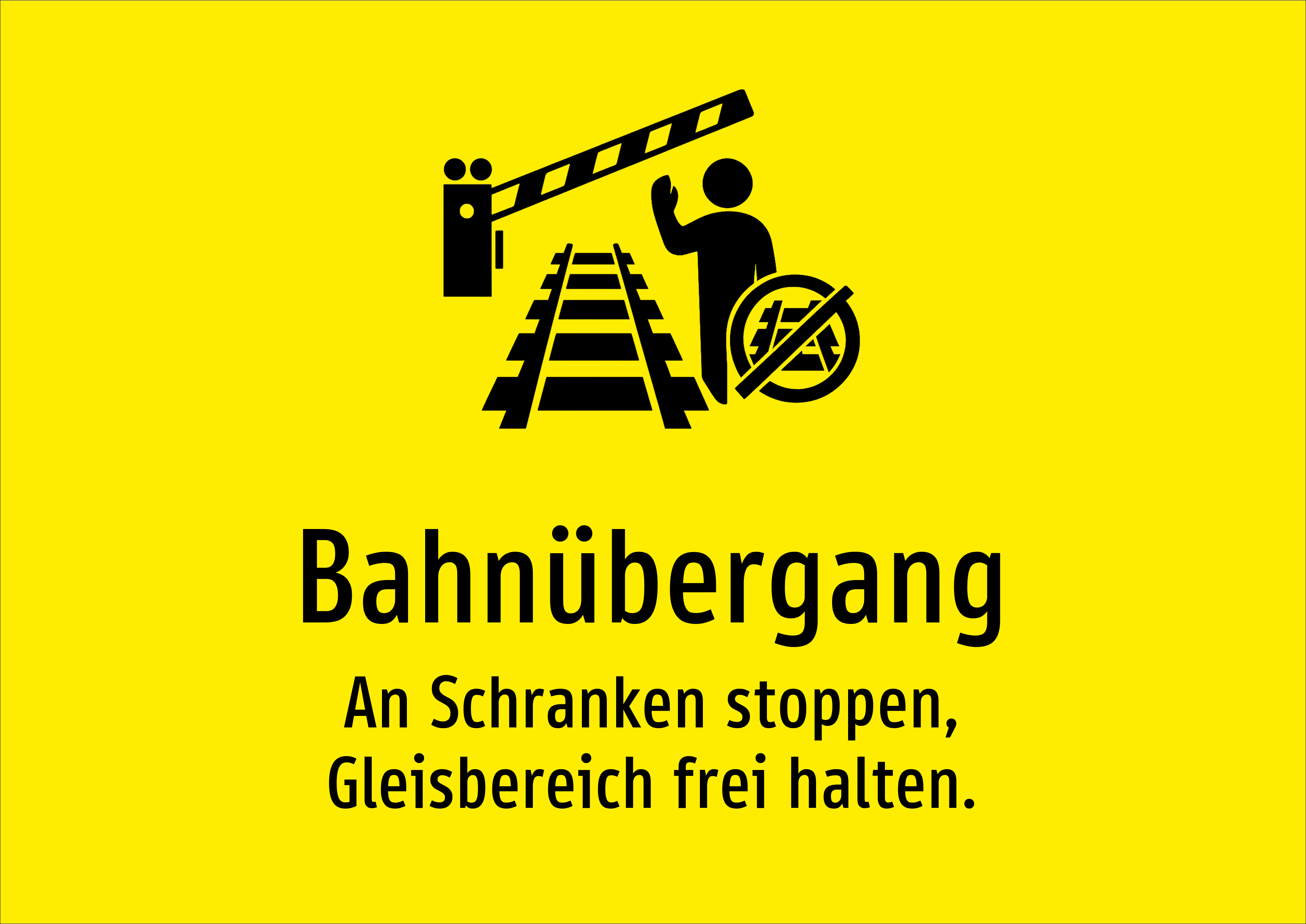 Bahnübergang - An Schranken stoppen, Gleisbereich frei halten. - Schild