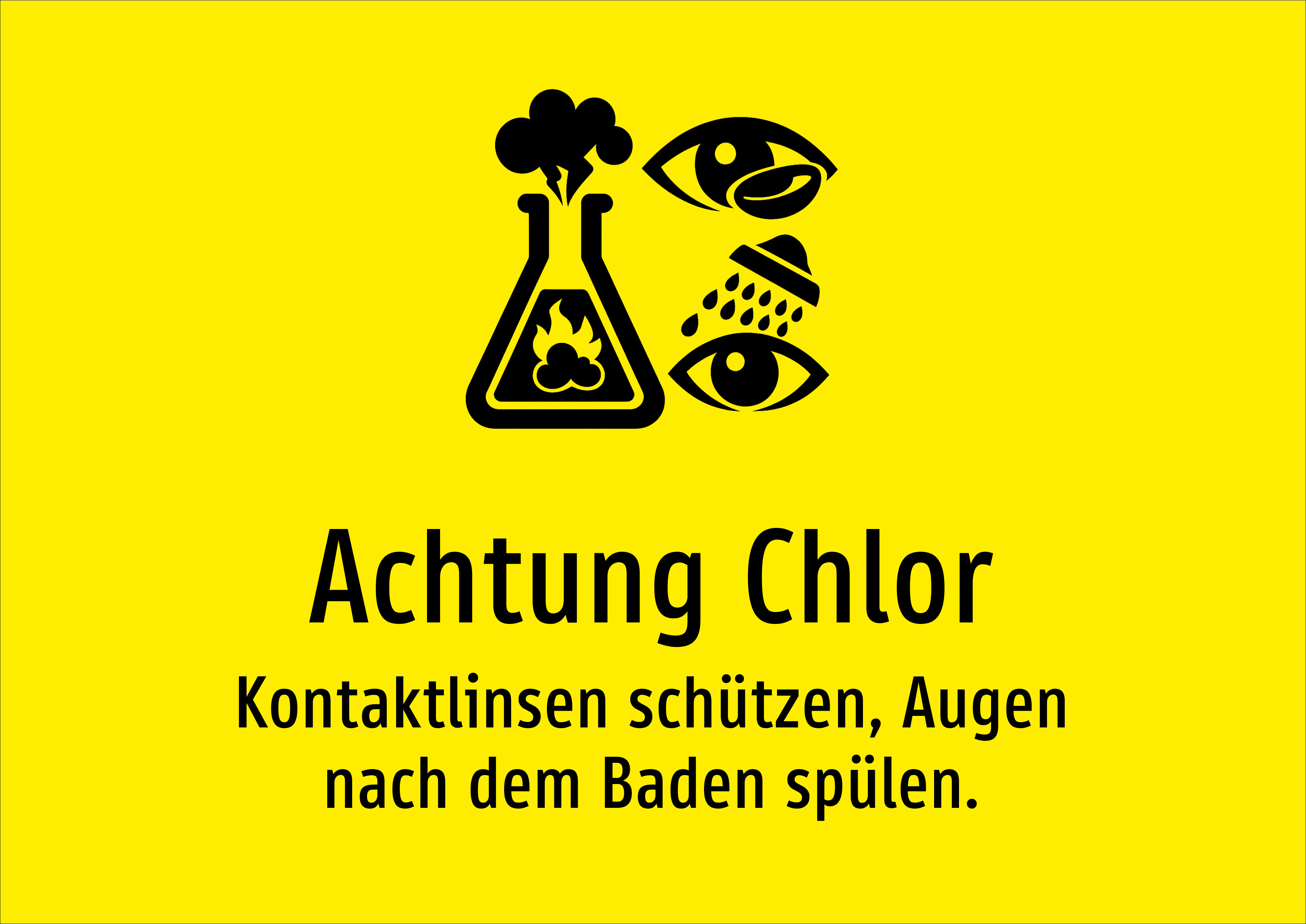 Achtung Chlor - Kontaktlinsen schützen, Augen nach dem Baden spülen. - Schild