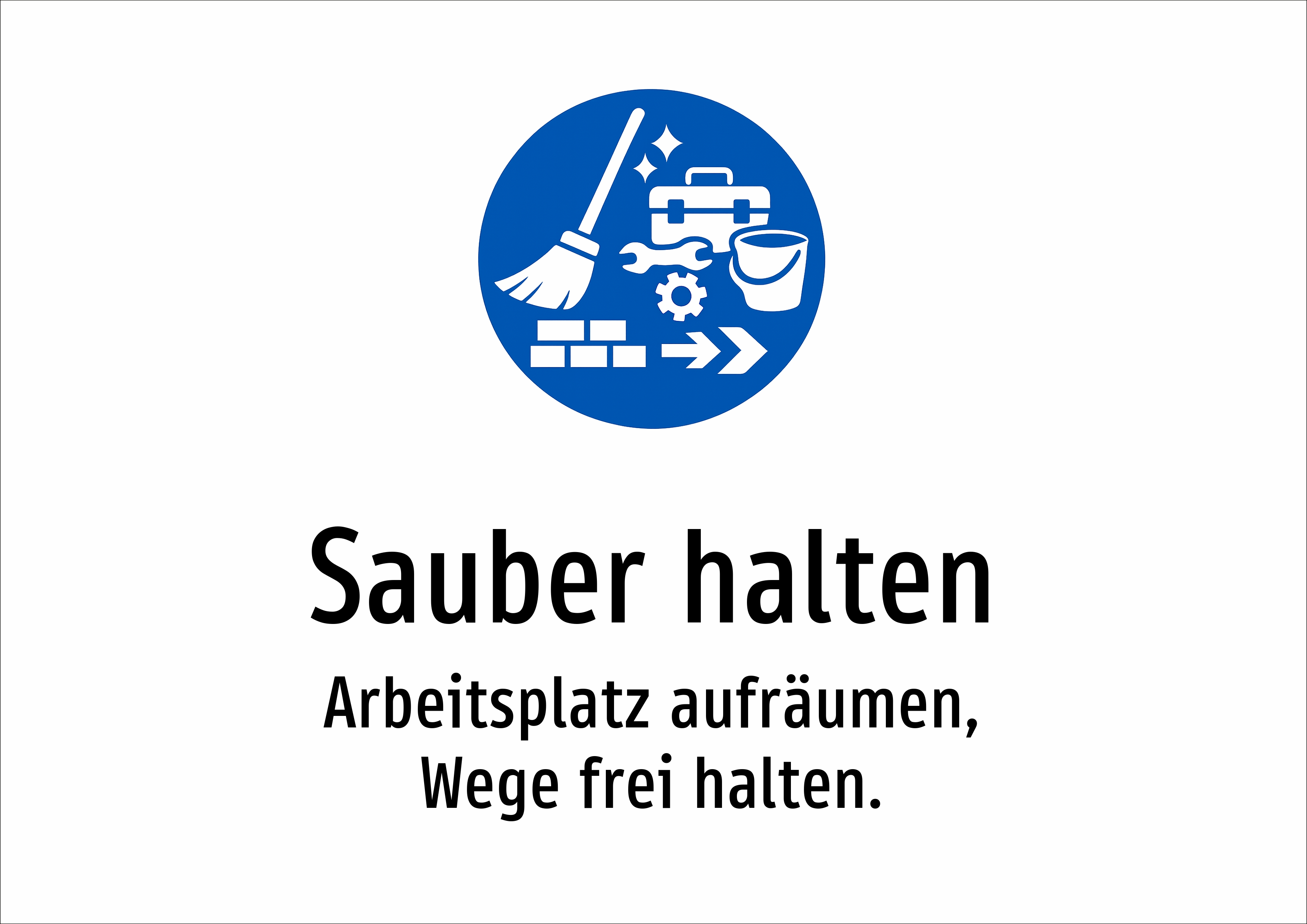 Sauber halten - Arbeitsplatz aufräumen, Wege frei halten. - Schild