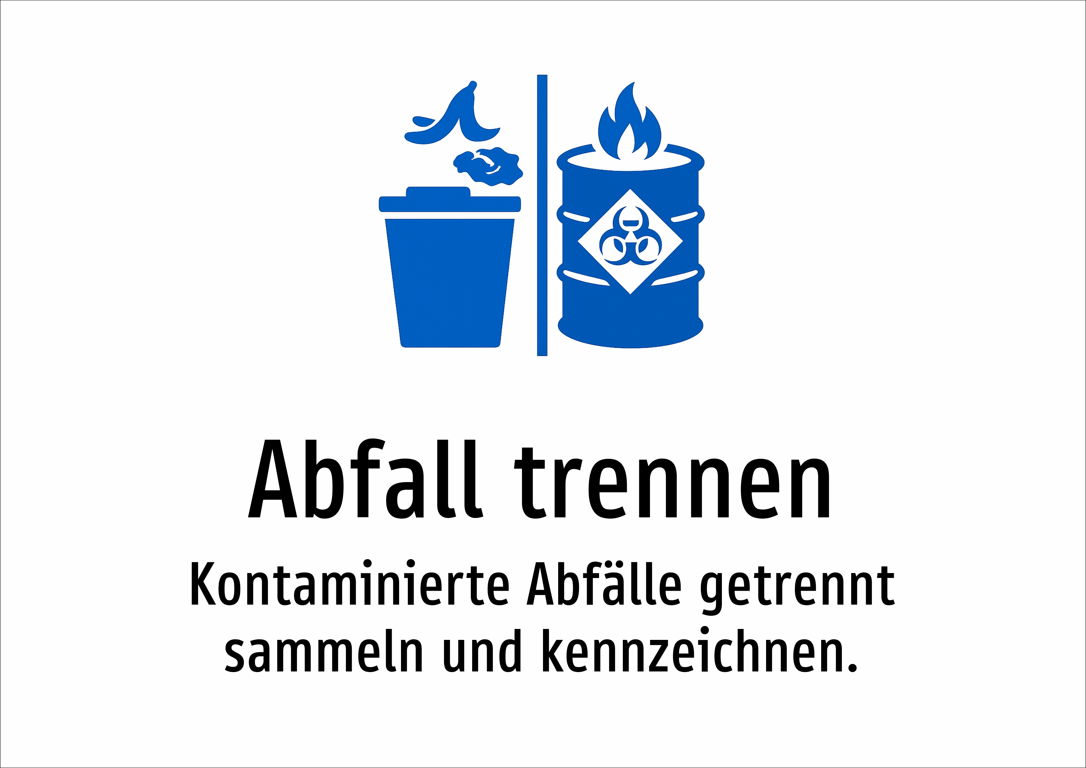Abfall trennen - Kontaminierte Abfälle getrennt sammeln und kennzeichnen. - Schild