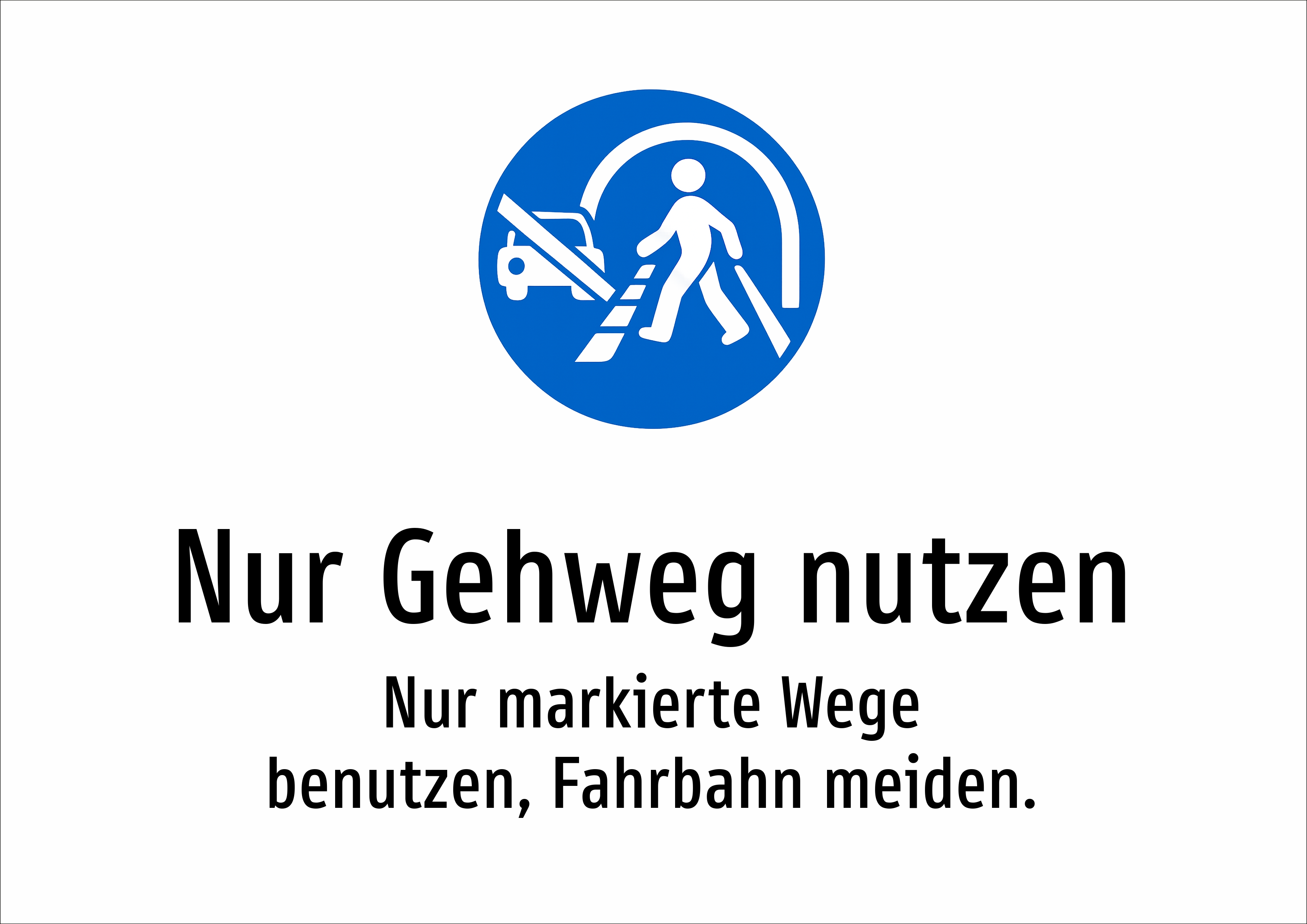 Nur Gehweg nutzen - Nur markierte Wege benutzen, Fahrbahn meiden. - Schild