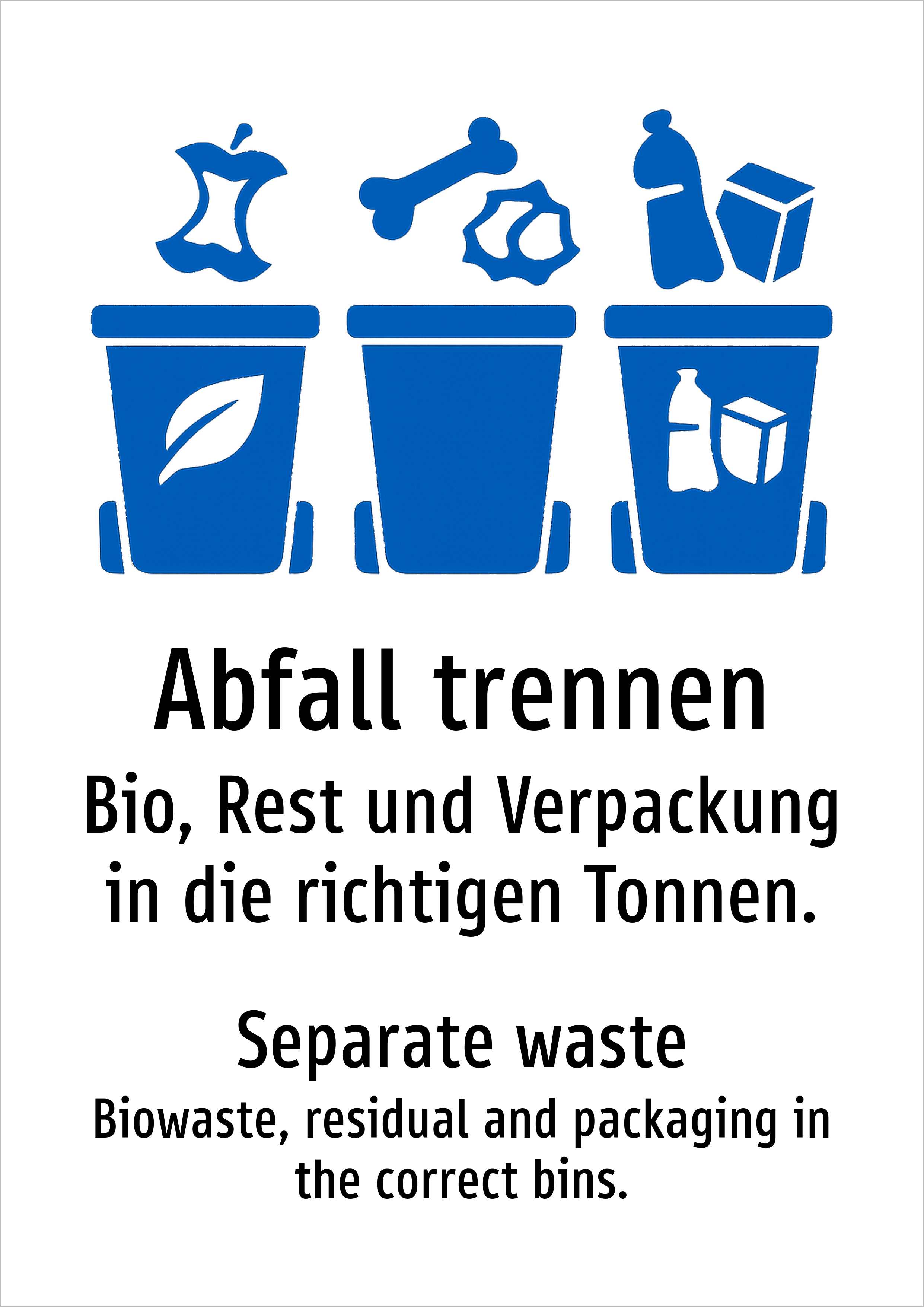 Abfall trennen - Bio, Rest und Verpackung in die richtigen Tonnen. - Schild