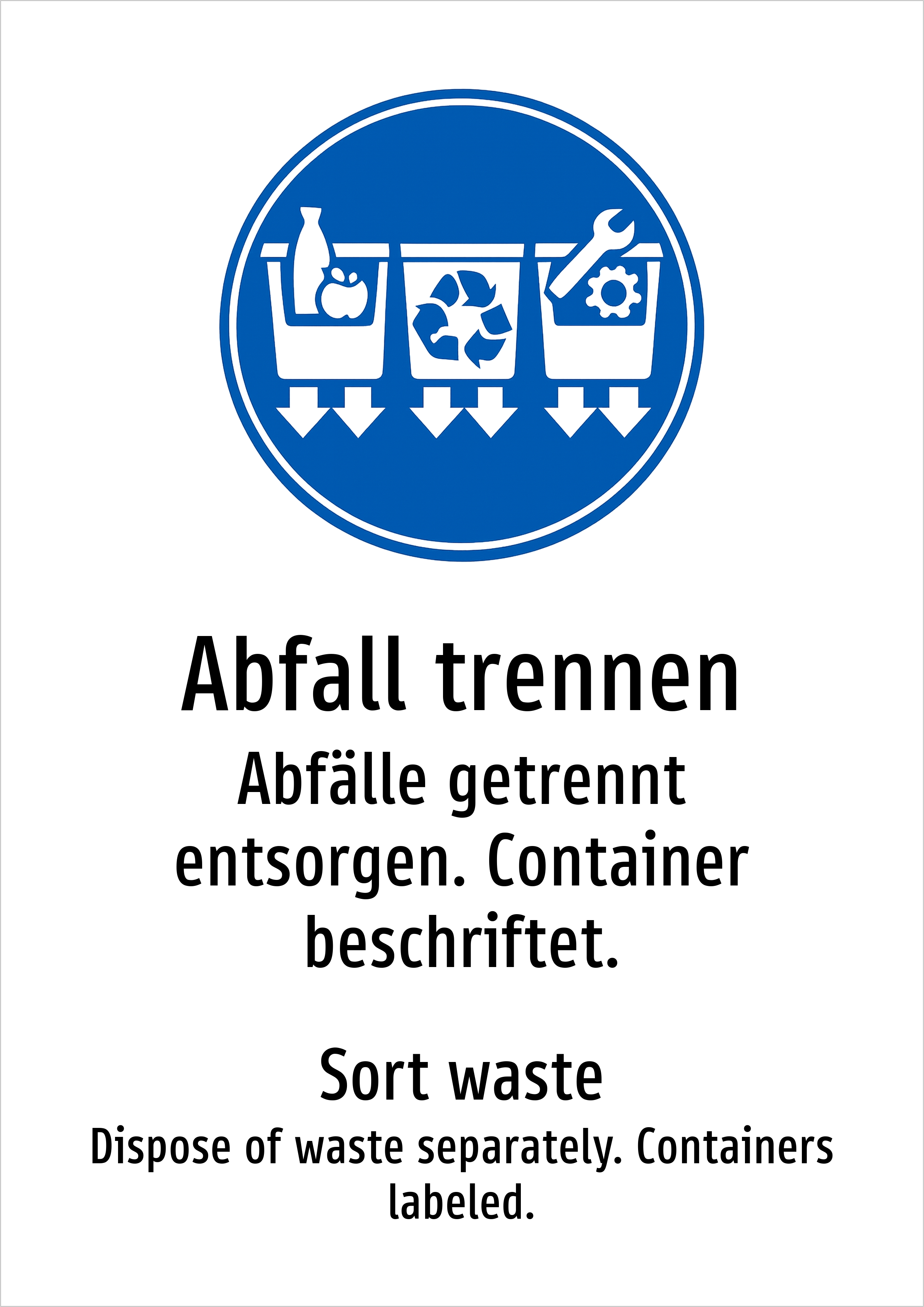 Abfall trennen - Abfälle getrennt entsorgen. Container beschriftet. - Schild