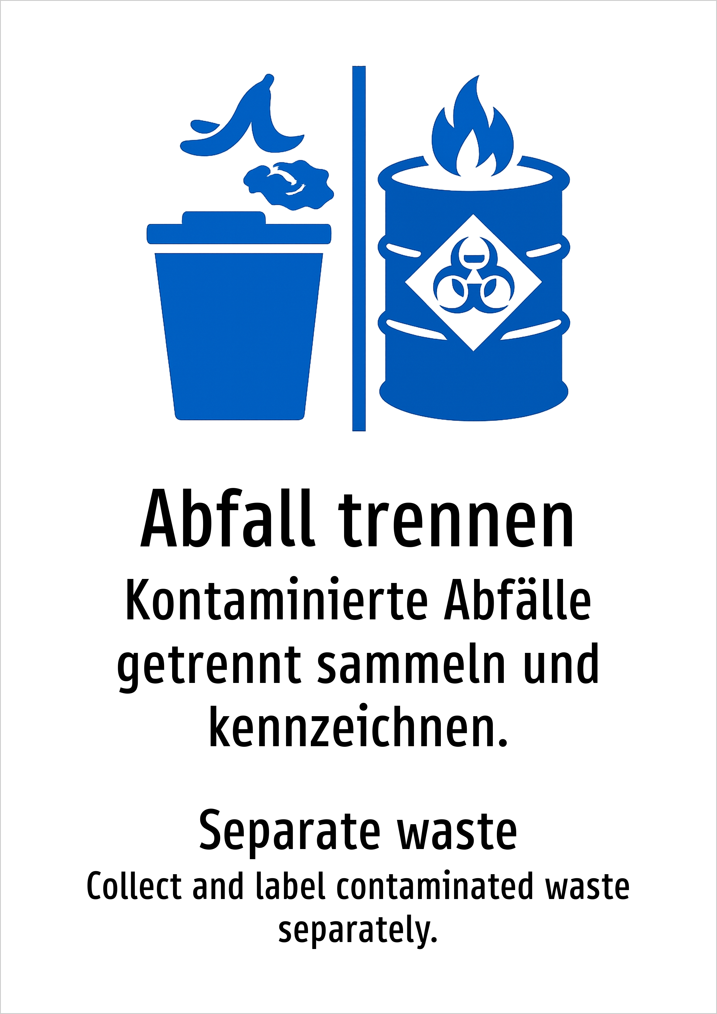 Abfall trennen - Kontaminierte Abfälle getrennt sammeln und kennzeichnen. - Schild