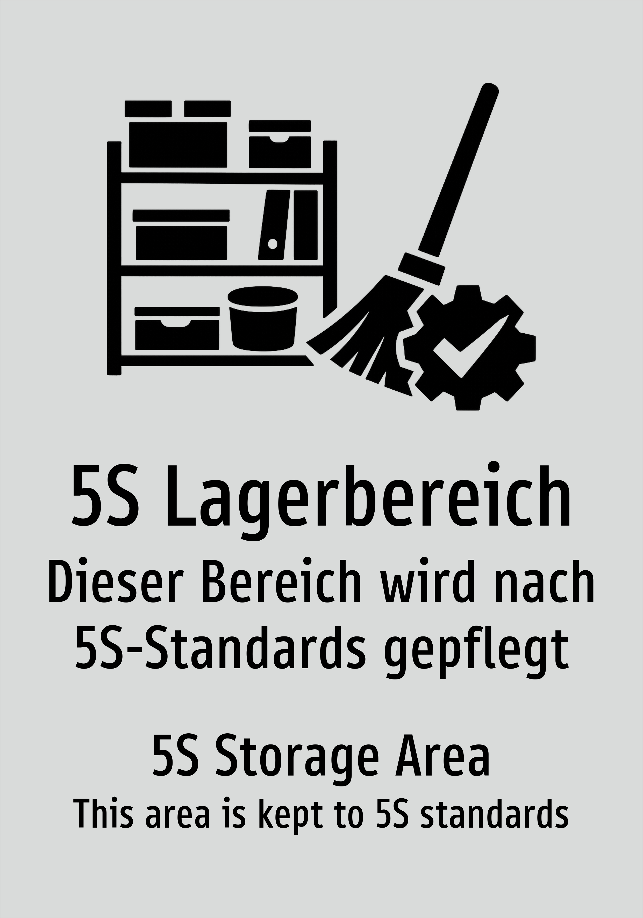 5S Lagerbereich - Dieser Bereich wird nach 5S-Standards gepflegt - Schild