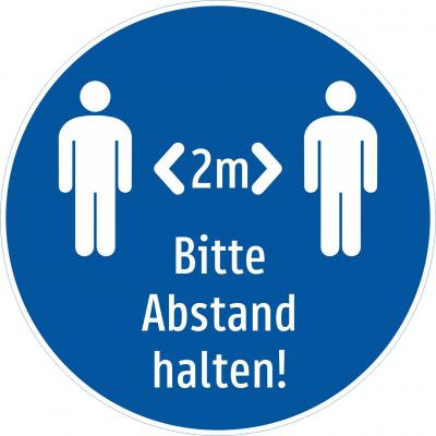 Aufkleber rund: Bitte 2 Meter Abstand halten (blau)