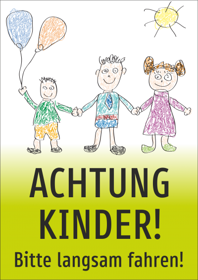 Achtung Kinder! Bitte langsam fahren! Zeichnung