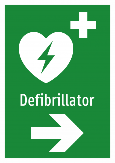 Hinweisschild Defibrillator mit Pfeil nach rechts