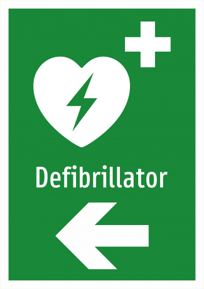 Hinweisschild Defibrillator mit Pfeil nach links