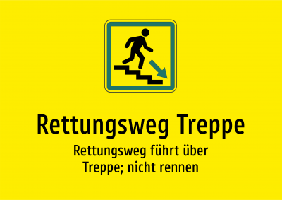 Rettungsweg Treppe - Rettungsweg führt über Treppe; nicht rennen