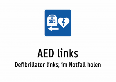AED links - Defibrillator links; im Notfall holen