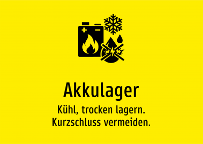 Akkulager - Kühl, trocken lagern. Kurzschluss vermeiden.