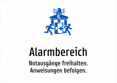 Alarmbereich - Notausgänge freihalten. Anweisungen befolgen.