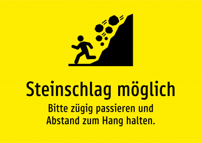 Steinschlag möglich - Bitte zügig passieren und Abstand zum Hang halten.