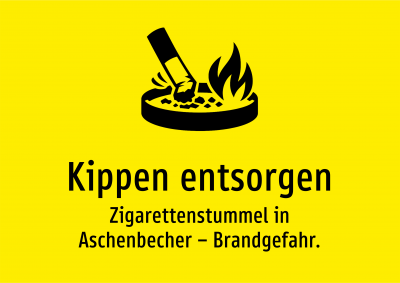 Kippen entsorgen - Zigarettenstummel in Aschenbecher – Brandgefahr.