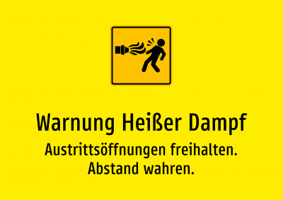Warnung Heißer Dampf - Austrittsöffnungen freihalten. Abstand wahren.