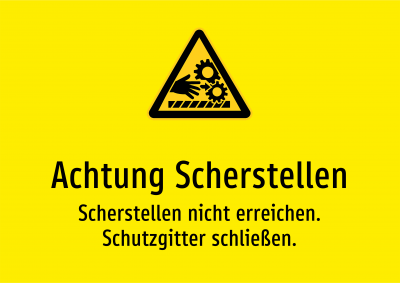 Achtung Scherstellen - Scherstellen nicht erreichen. Schutzgitter schließen.