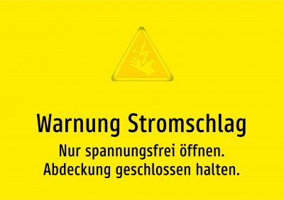 Warnung Stromschlag - Nur spannungsfrei öffnen. Abdeckung geschlossen halten.
