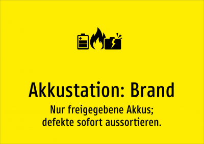 Akkustation: Brand - Nur freigegebene Akkus; defekte sofort aussortieren.