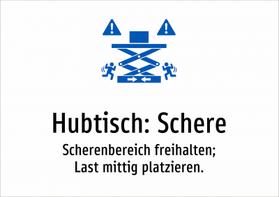 Hubtisch: Schere - Scherenbereich freihalten; Last mittig platzieren.