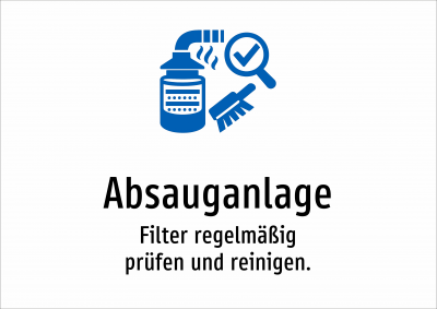 Absauganlage - Filter regelmäßig prüfen und reinigen.