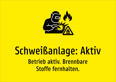 Schweißanlage: Aktiv - Betrieb aktiv. Brennbare Stoffe fernhalten.