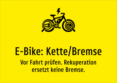 E-Bike: Kette/Bremse - Vor Fahrt prüfen. Rekuperation ersetzt keine Bremse.