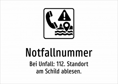 Notfallnummer - Bei Unfall: 112. Standort am Schild ablesen.