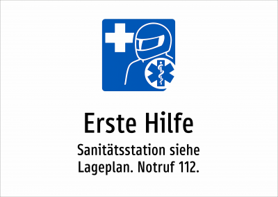 Erste Hilfe - Sanitätsstation siehe Lageplan. Notruf 112.