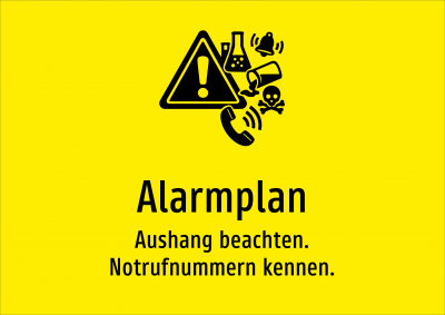 Alarmplan - Aushang beachten. Notrufnummern kennen.