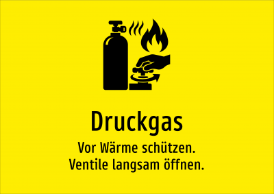 Druckgas - Vor Wärme schützen. Ventile langsam öffnen.
