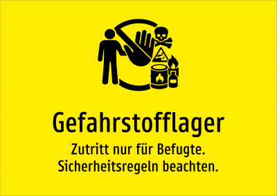 Gefahrstofflager - Zutritt nur für Befugte. Sicherheitsregeln beachten.