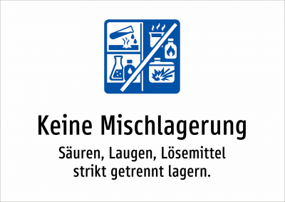Keine Mischlagerung - Säuren, Laugen, Lösemittel strikt getrennt lagern.