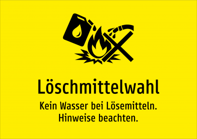 Löschmittelwahl - Kein Wasser bei Lösemitteln. Hinweise beachten.