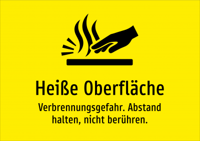 Heiße Oberfläche - Verbrennungsgefahr. Abstand halten, nicht berühren.