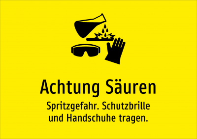 Achtung Säuren - Spritzgefahr. Schutzbrille und Handschuhe tragen.