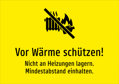 Vor Wärme schützen! - Nicht an Heizungen lagern. Mindestabstand einhalten.
