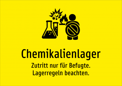 Chemikalienlager - Zutritt nur für Befugte. Lagerregeln beachten.