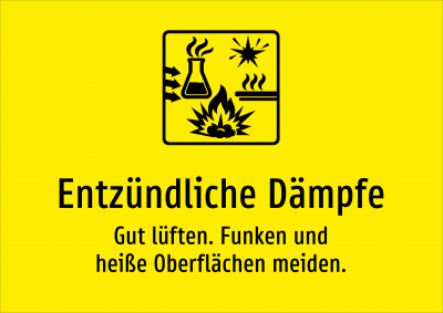 Entzündliche Dämpfe - Gut lüften. Funken und heiße Oberflächen meiden.
