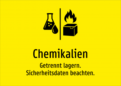 Chemikalien - Getrennt lagern. Sicherheitsdaten beachten.