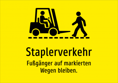 Staplerverkehr - Fußgänger auf markierten Wegen bleiben.