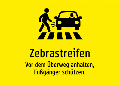 Zebrastreifen - Vor dem Überweg anhalten, Fußgänger schützen.