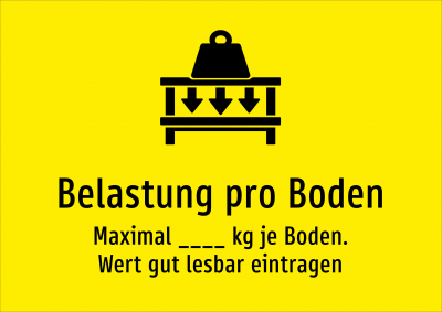 Belastung pro Boden - Maximal ____ kg je Boden. Wert gut lesbar eintragen