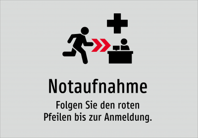 Notaufnahme - Folgen Sie den roten Pfeilen bis zur Anmeldung.