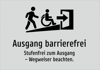 Ausgang barrierefrei - Stufenfrei zum Ausgang – Wegweiser beachten.