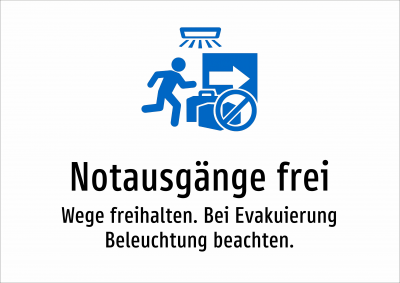 Notausgänge frei - Wege freihalten. Bei Evakuierung Beleuchtung beachten.