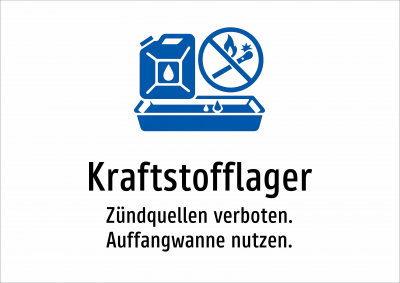 Kraftstofflager - Zündquellen verboten. Auffangwanne nutzen.