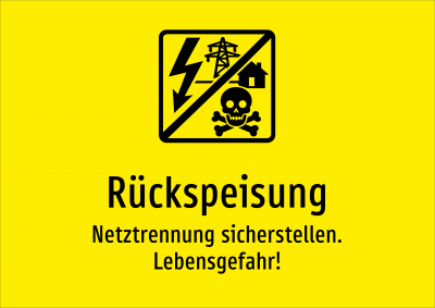 Rückspeisung - Netztrennung sicherstellen. Lebensgefahr!