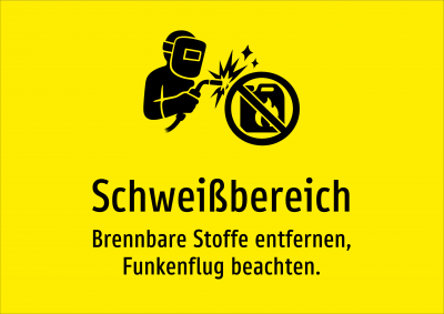 Schweißbereich - Brennbare Stoffe entfernen, Funkenflug beachten.